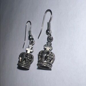 Crown Charm Dangle Victorian Style Earrings - Silver
